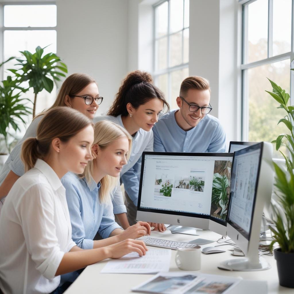 A small team gathered around a desktop screen, reviewing a website design together