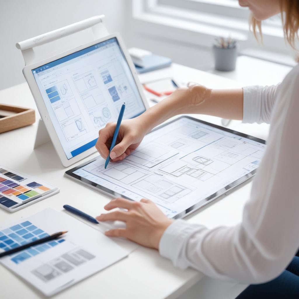 A designer sketching page wireframes on a tablet beside printed layouts