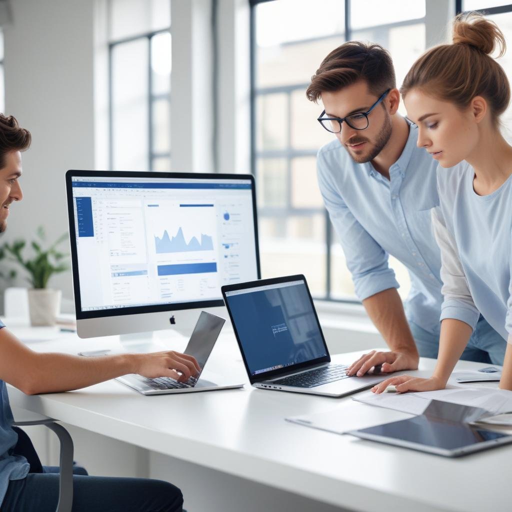 Two colleagues reviewing analytics on a large monitor and a laptop