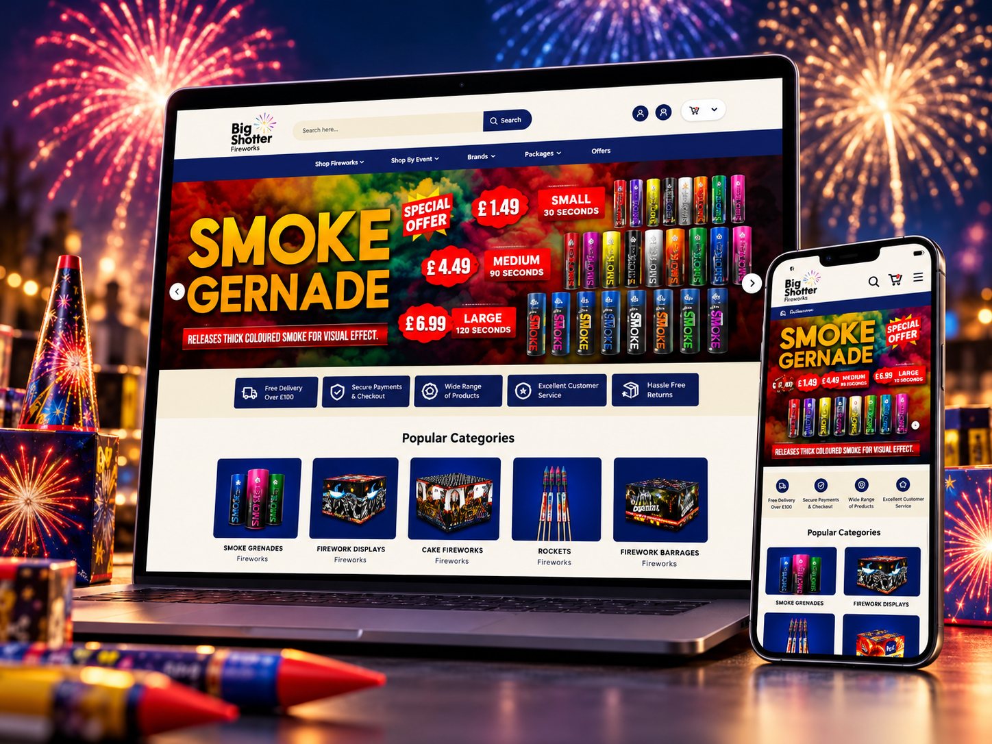 Big Shotter Fireworks online store shown on a laptop and phone, with a Smoke Grenade offer banner and popular categories