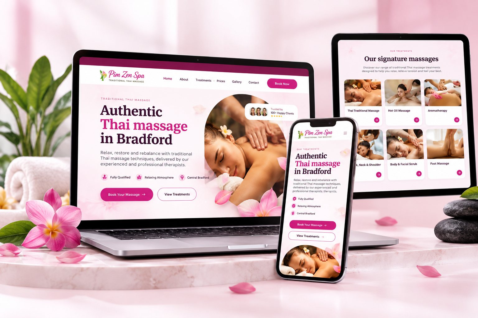 Pim Zen Spa website on a laptop, tablet and phone, headed 'Authentic Thai massage in Bradford'